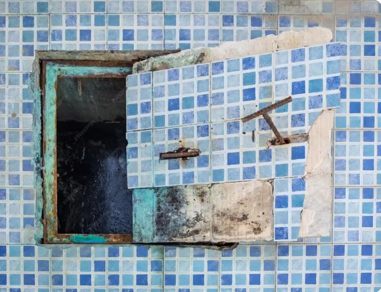 Blue mosaic bathroom wall tiles falling away from the wall, exposing damaged and mould-stained surface underneath.
